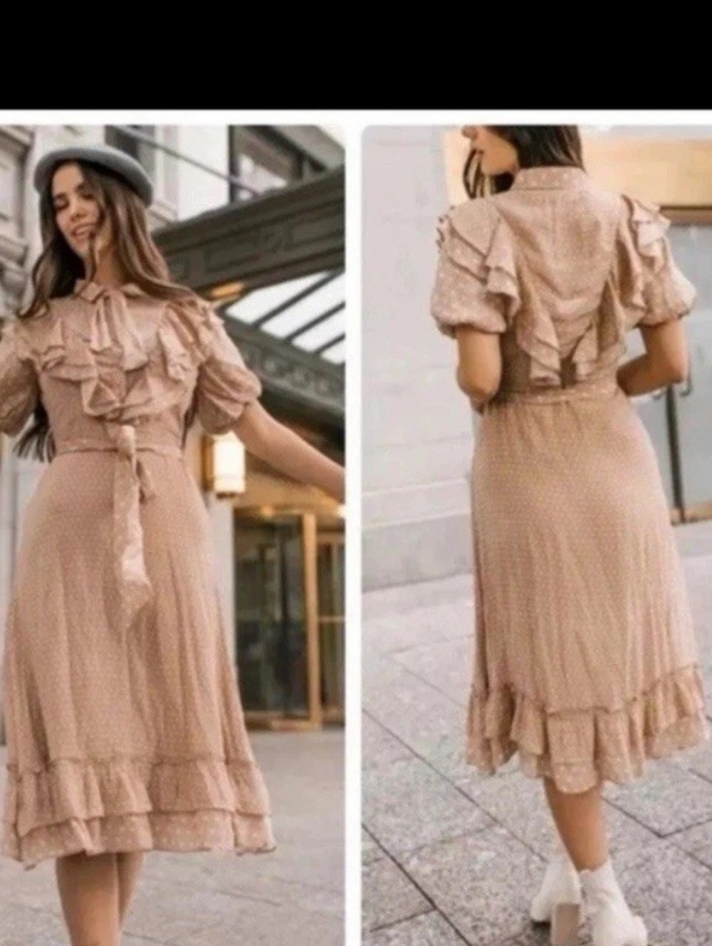 Polka Dots Ruffled Tie-Neck Midi Dress in Blush Si'e 1X Nwt